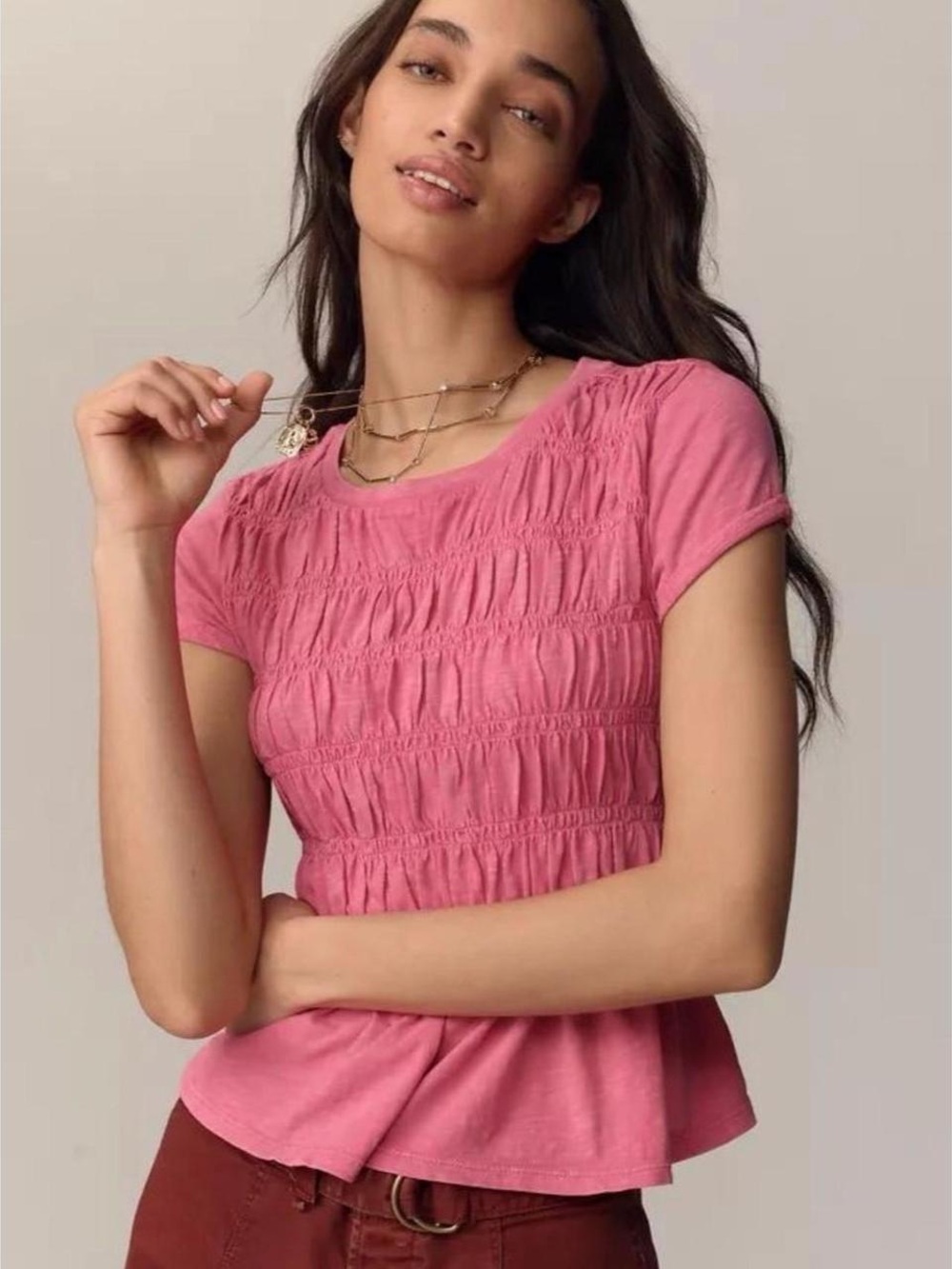 Anthropologie Pilcro Pink Smocked Short-Sleeve Tee